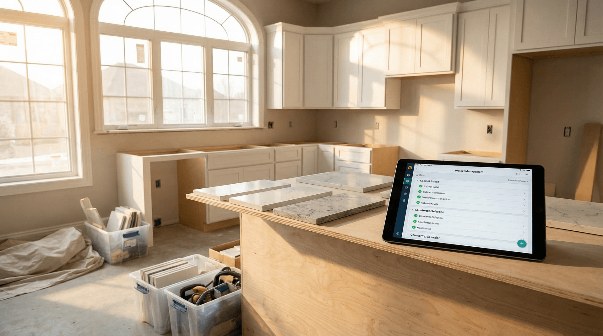 Modern kitchen renovation with organized material selections